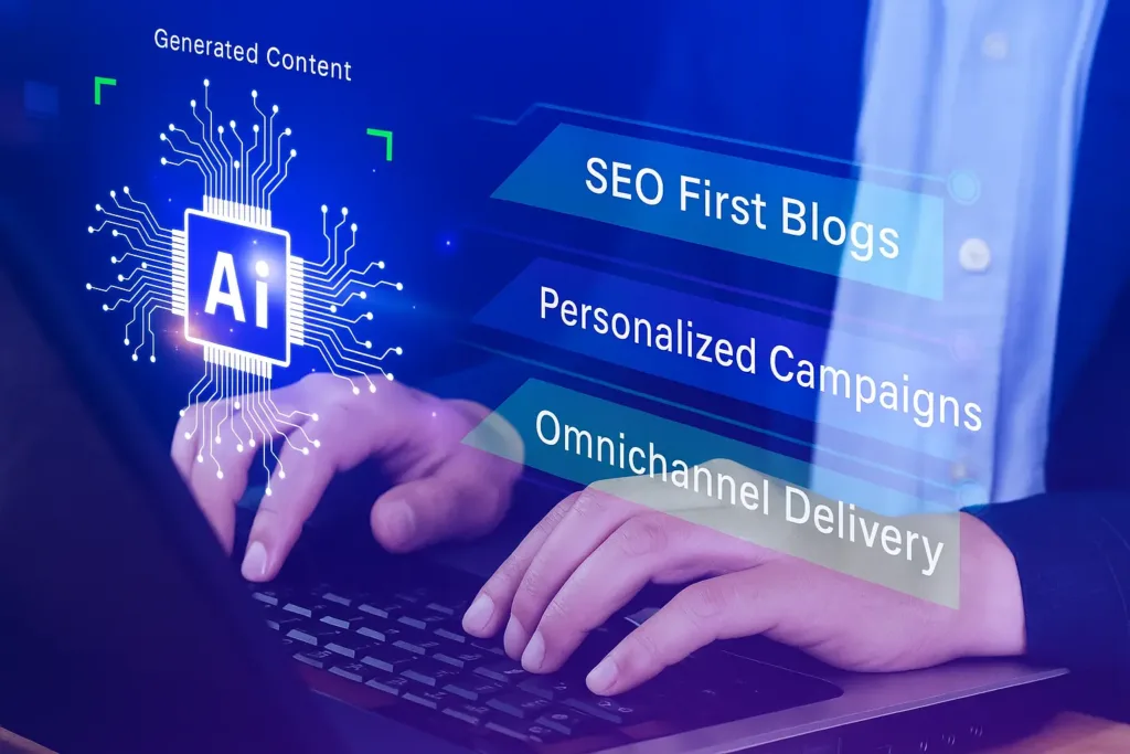 A person typing on a laptop with AI imagery and content generation options floating above them