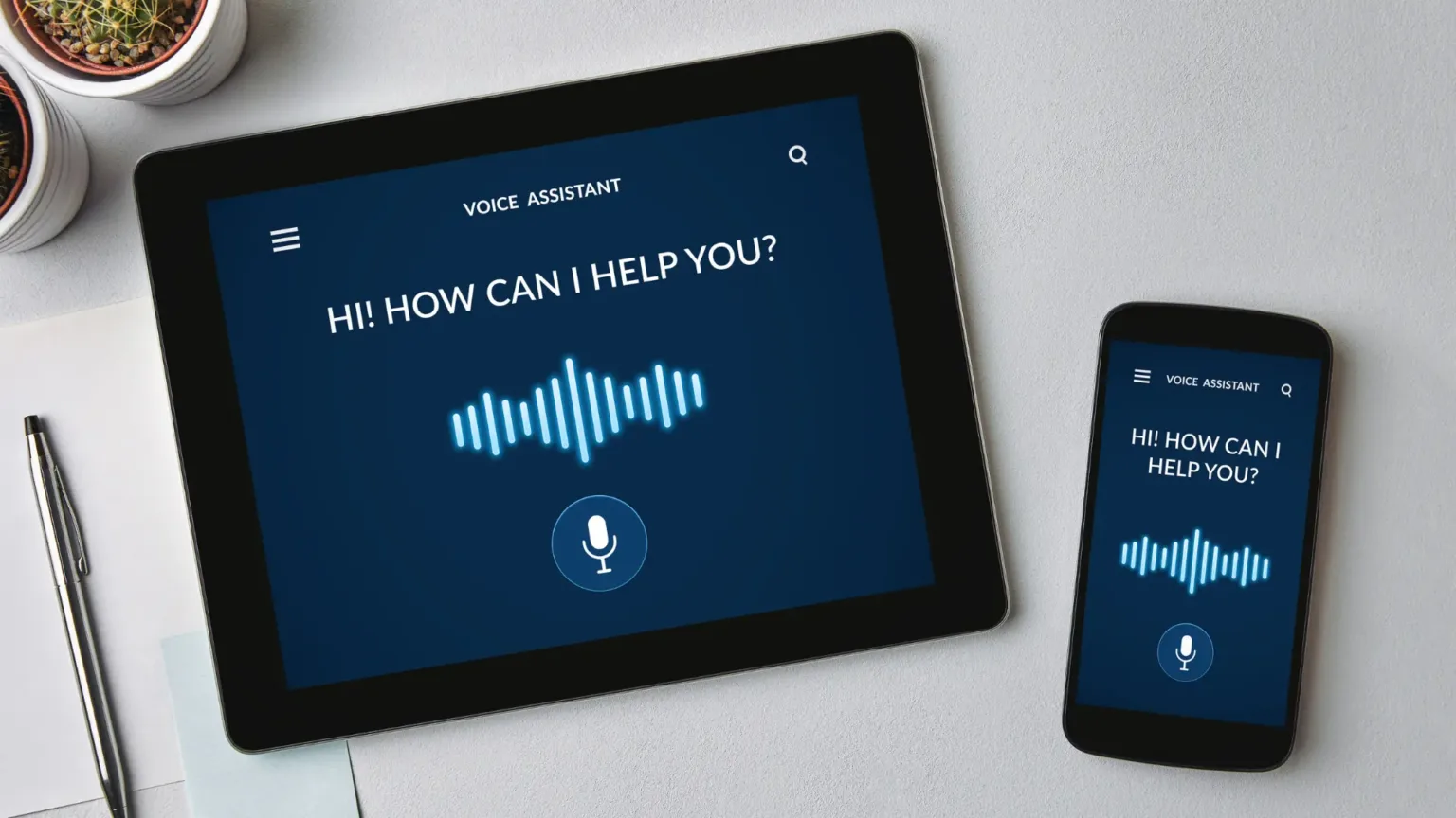 A tablet and smartphone both showing a voice chat with an AI agent with the text 'How can I help you?' displayed on them